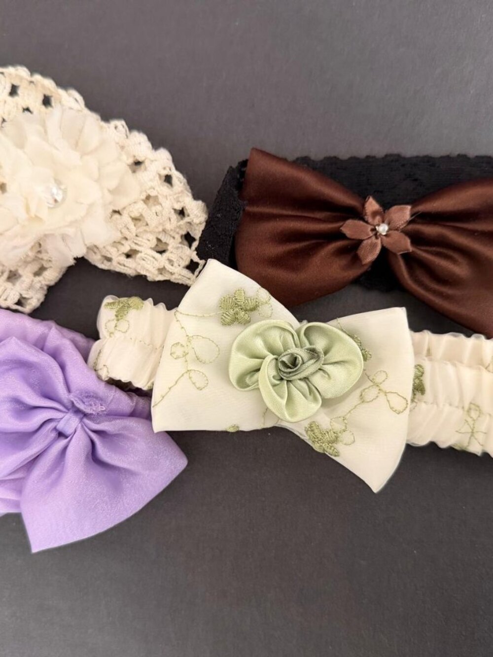 Set of 4 Kids Size Fabric Headbands – Bows, Floral & Lace